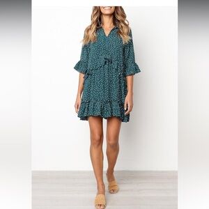 MITILLY V Neck Ruffle Polka Dot Pocket Loose Swing Casual Short T-Shirt Dress